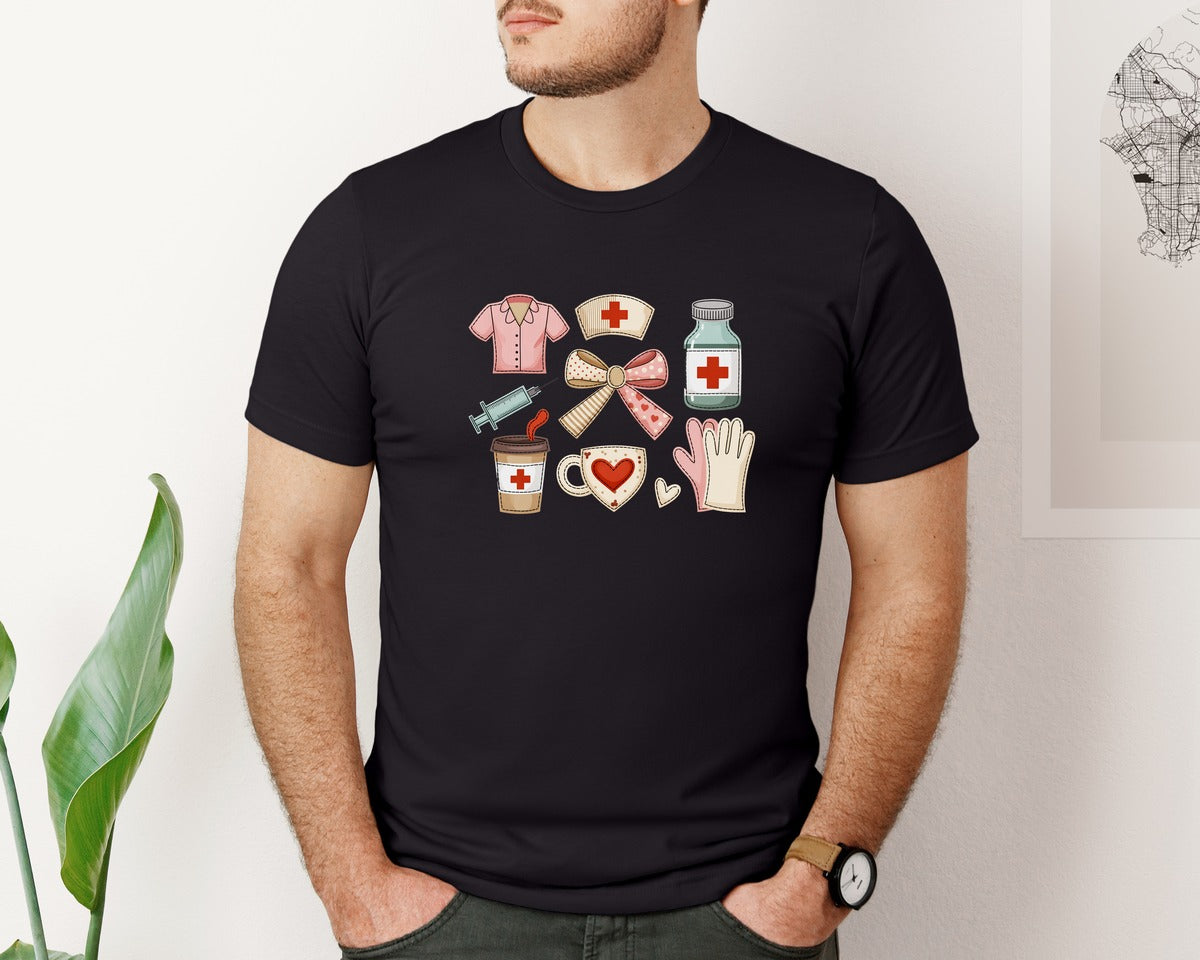 brand:Bella Canvas|color:Black|Valentine Nurse Coquette 5 Graphic T-Shirt
