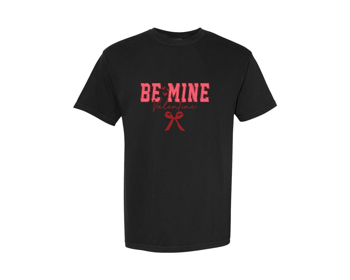 brand:Comfort Colors|color:Black|Love Be Mine Valentine Coquette Bow Graphic T-Shirt