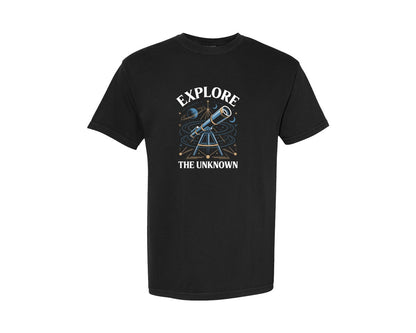 brand:Comfort Colors|color:Black|Explore The Unknown Telescope Art Graphic T-Shirt