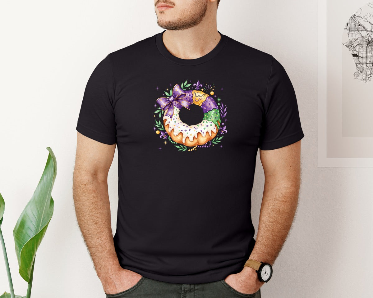 brand:Bella Canvas|color:Black|Mardi Gras King Cake Wreath Design Graphic T-Shirt