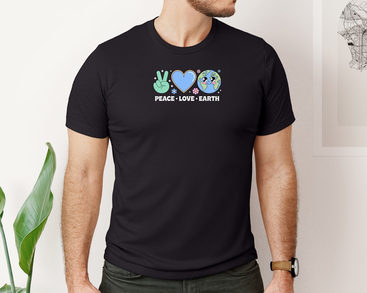 brand:Bella Canvas|color:Black|Peace Love Earth Cute Earth Day Graphic T-Shirt