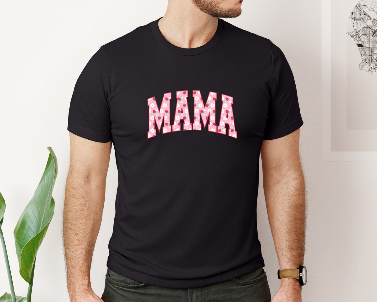 brand:Bella Canvas|color:Black|Mama Strawberry Daisy Flower Summer Graphic T-Shirt