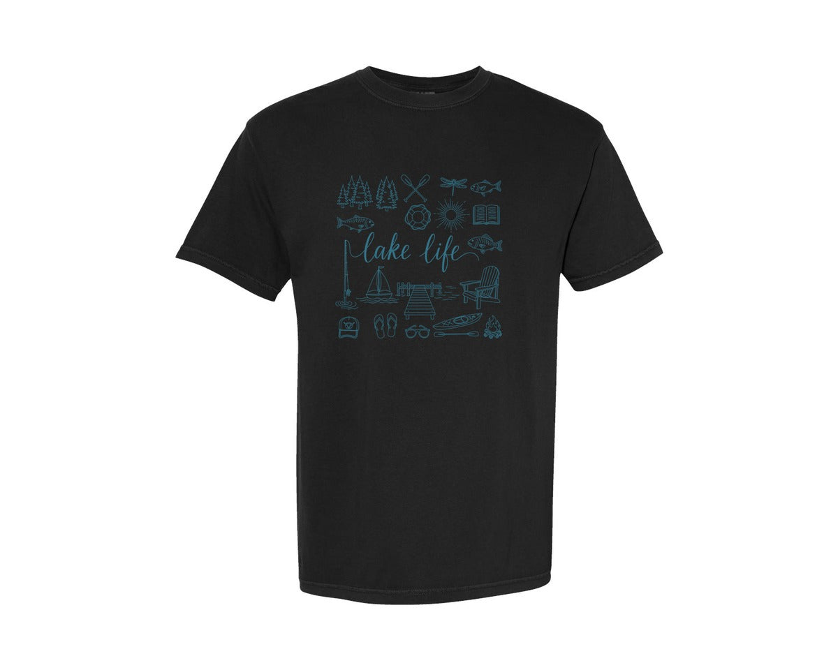brand:Comfort Colors|color:Black|Summer Lake Life Doodle Graphic T-Shirt