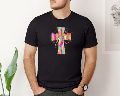 brand:Bella Canvas|color:Black|Colorful Bow Glitter Jesus Cross Graphic T-Shirt