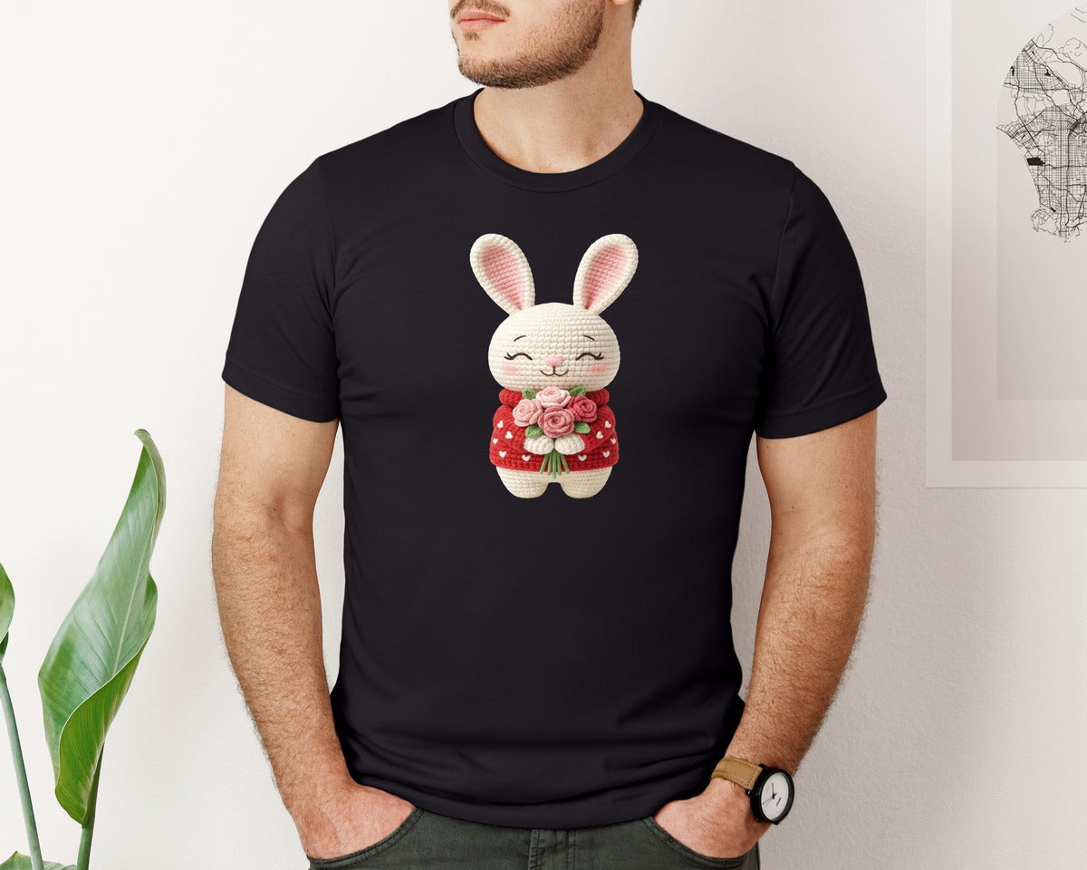 brand:Bella Canvas|color:Black|Faux Crochet Valentine Bunny 2 Graphic T-Shirt