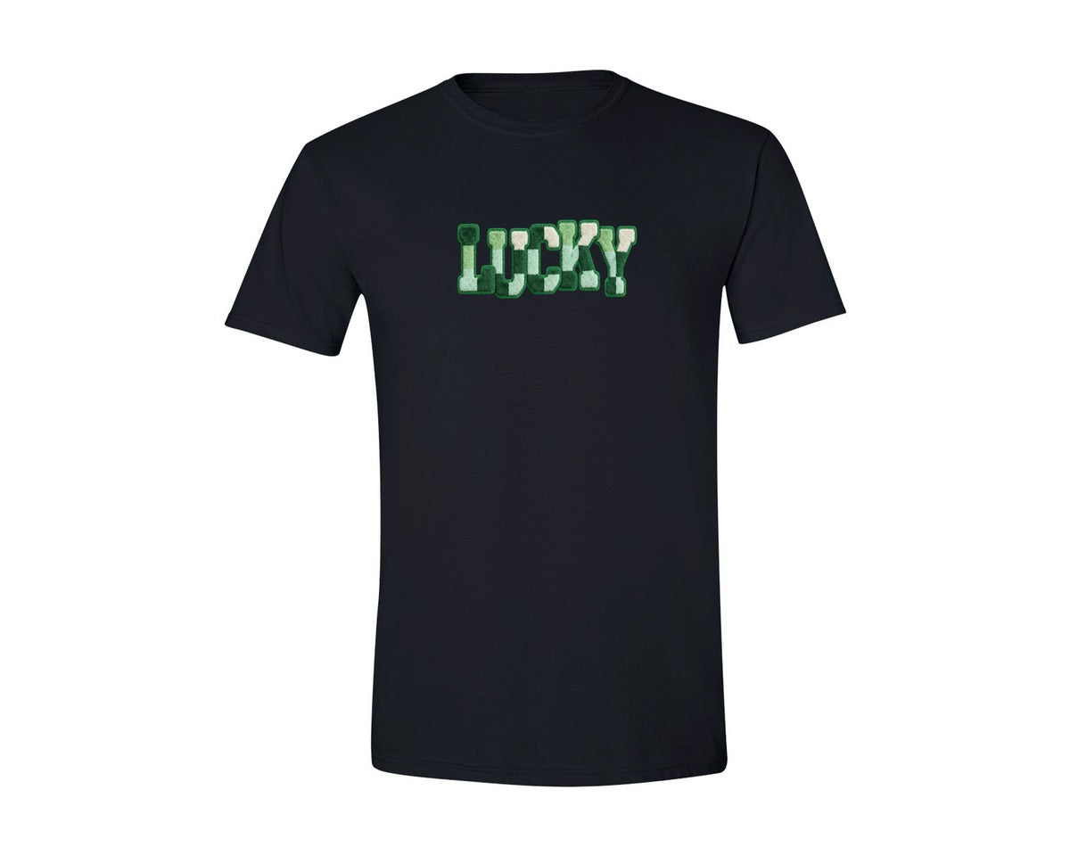 brand:Generic|color:Black|Lucky Plush Yarn Typography Green Graphic T-Shirt