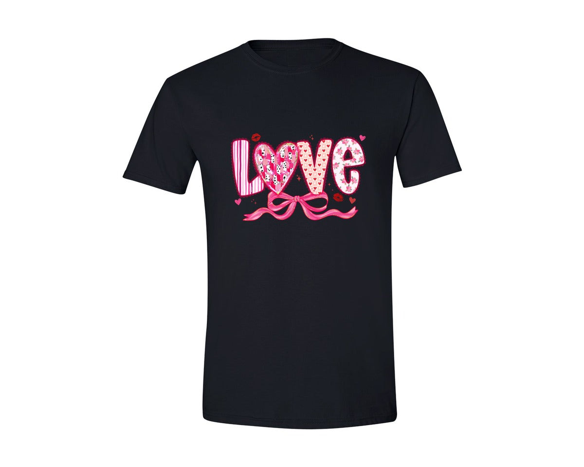 brand:Generic|color:Black|Preppy Valentine Heart Floral Bow Graphic T-Shirt