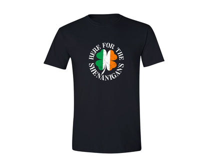 brand:Generic|color:Black|Rish Flag Shamrock Here For Shenanigans Graphic T-Shirt