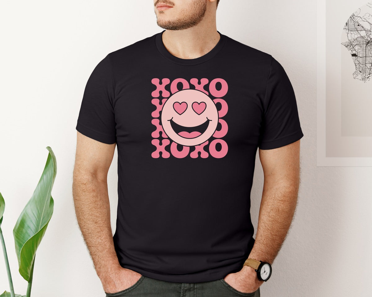 brand:Bella Canvas|color:Black|Smiley Face Xoxo Valentines Day Graphic T-Shirt
