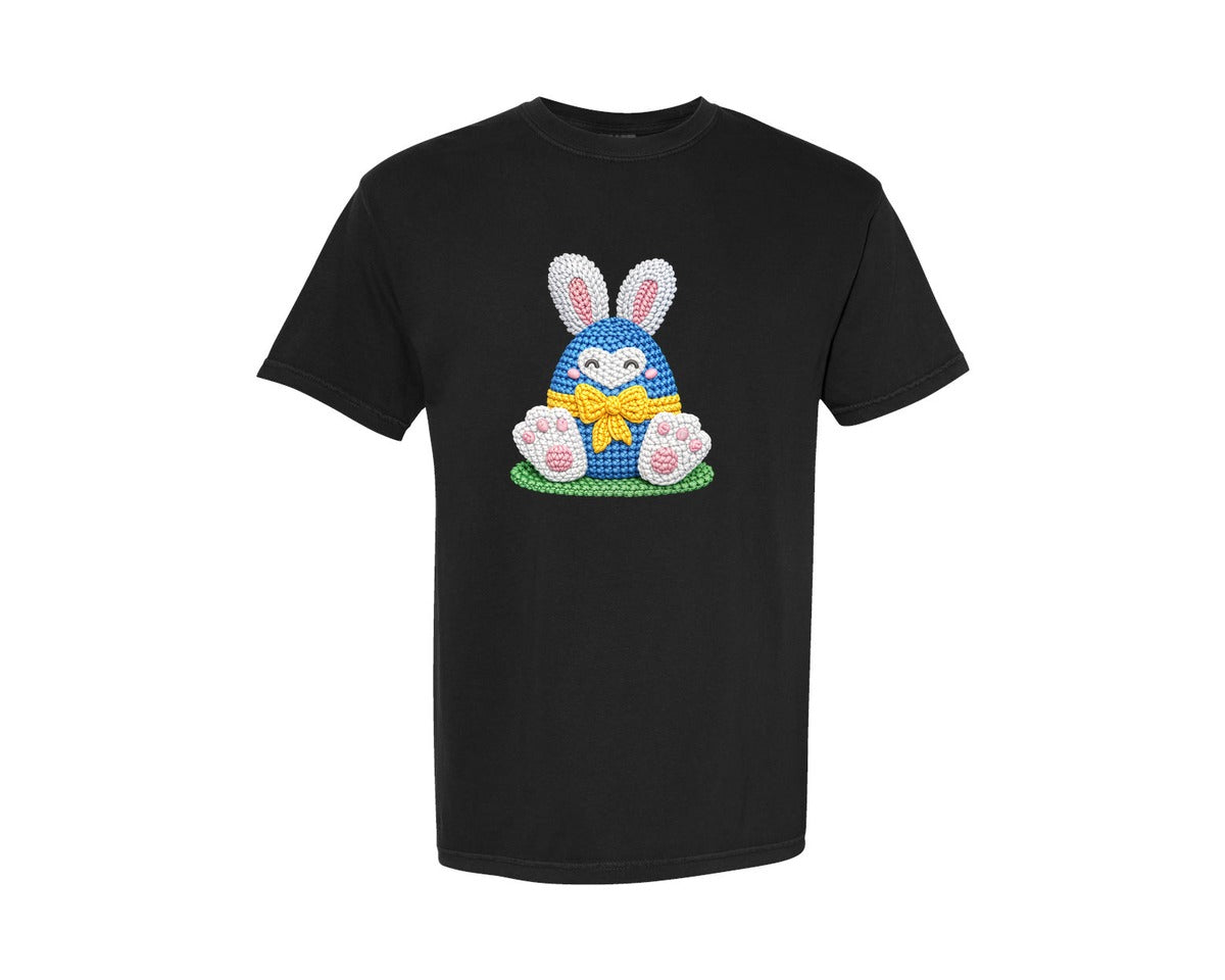 brand:Comfort Colors|color:Black|Easter Egg Faux Crochet Embroidery Graphic T-Shirt