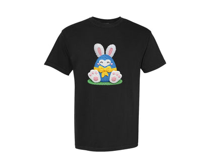 brand:Comfort Colors|color:Black|Easter Egg Faux Crochet Embroidery Graphic T-Shirt