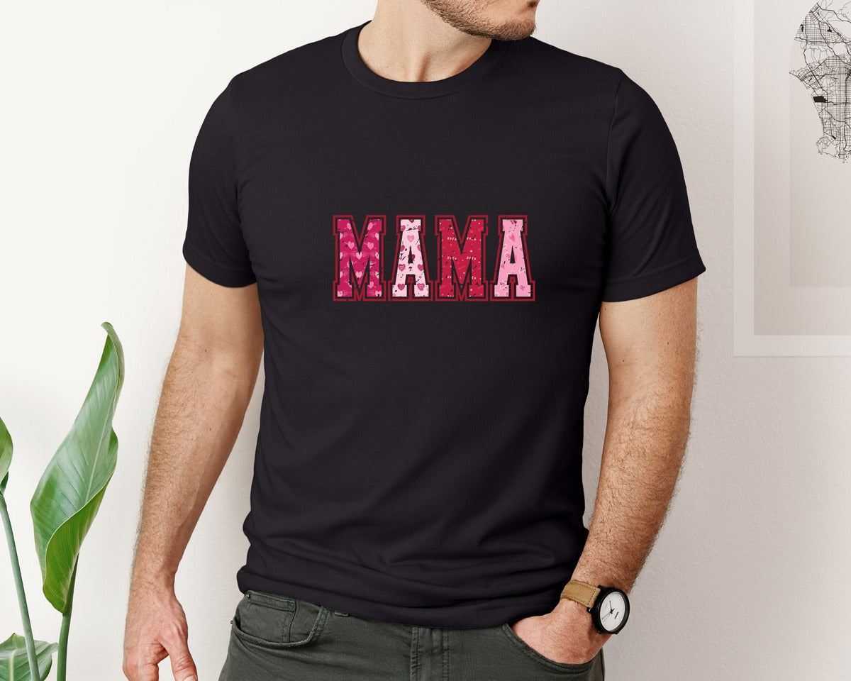 brand:Bella Canvas|color:Black|Mama Valentine Day Mama Love Heart Mom Graphic T-Shirt