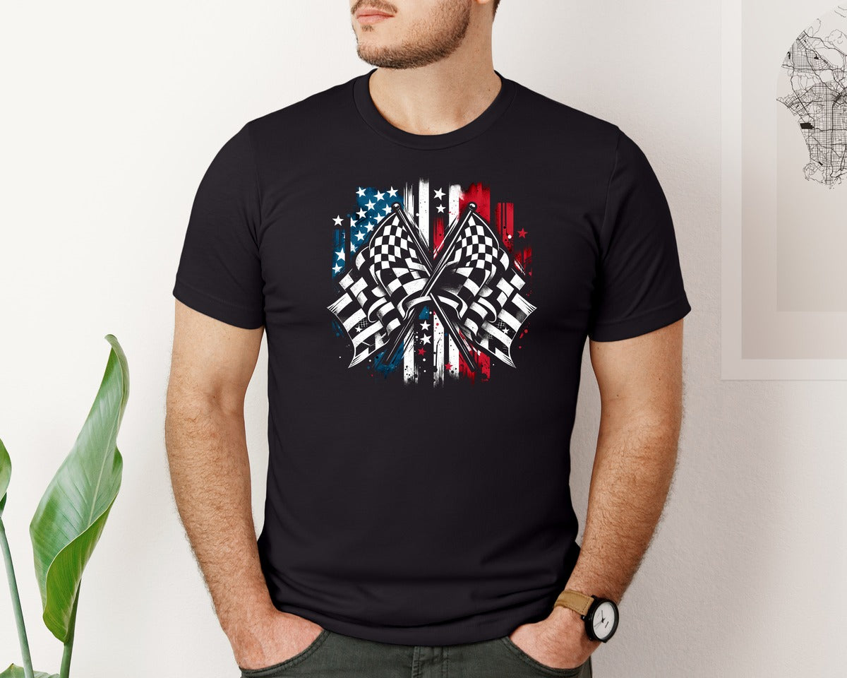 brand:Bella Canvas|color:Black|Racing Flags And Usa Flag Background Graphic T-Shirt