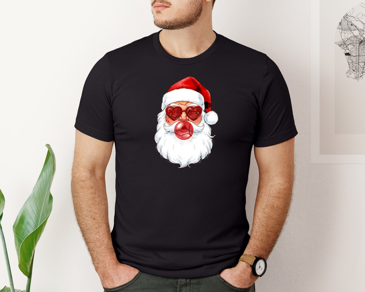 brand:Bella Canvas|color:Black|Retro Santa Blowing Bubble Pngchristmas Graphic T-Shirt