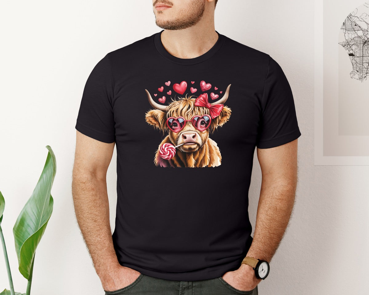 brand:Bella Canvas|color:Black|Valentines Day Funny Highland Cow Graphic T-Shirt