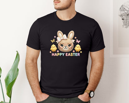 brand:Bella Canvas|color:Black|Crochet Bow Bunny Easter Graphic T-Shirt