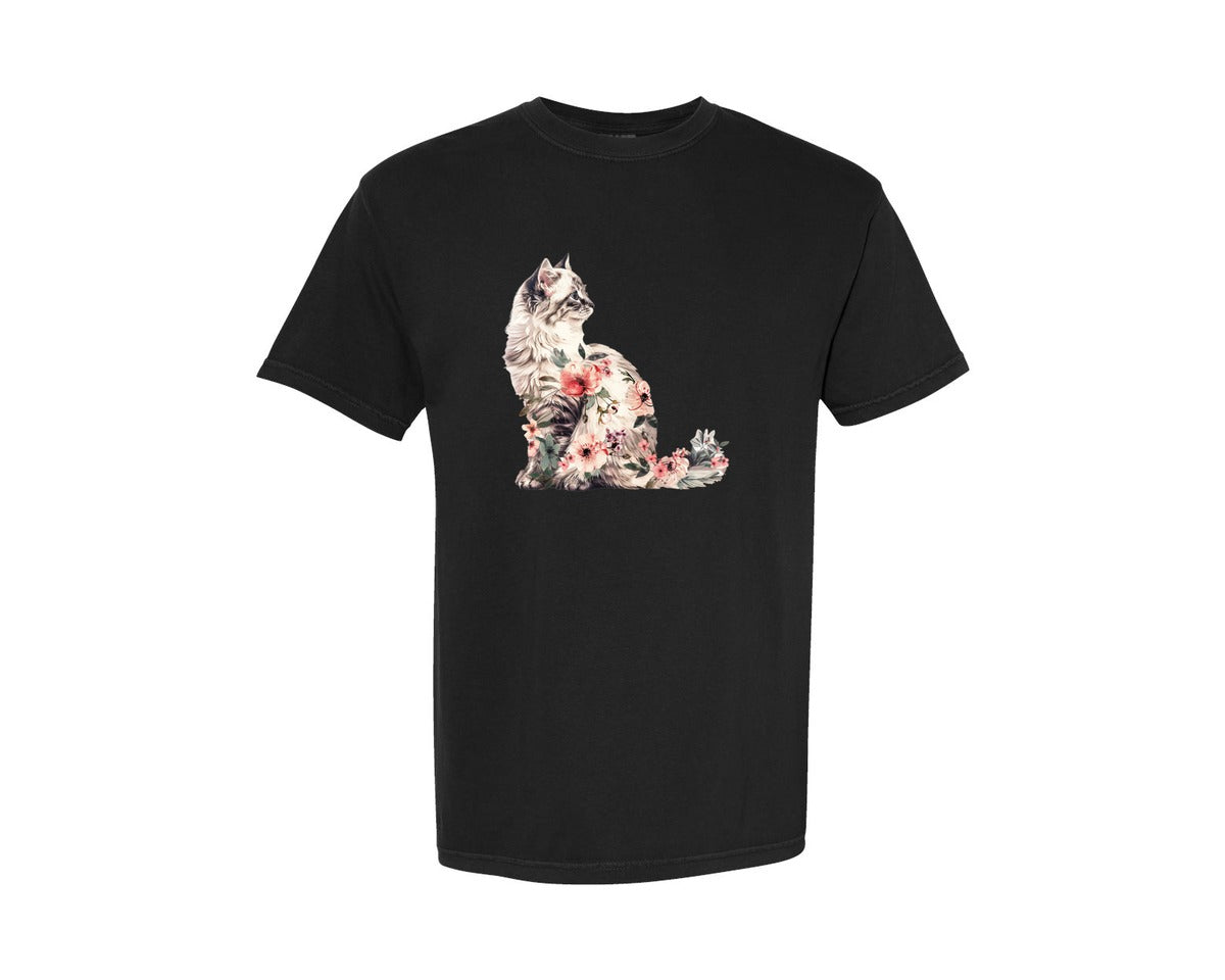 brand:Comfort Colors|color:Black|Vintage Floral Cat Graphic T-Shirt