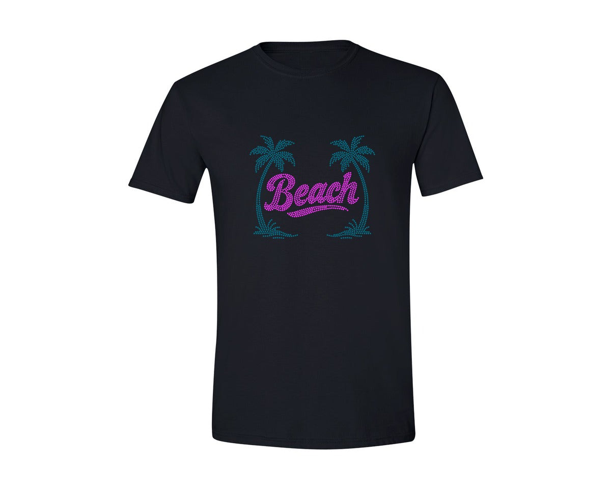 brand:Generic|color:Black|Beach Rhinestone Design Graphic T-Shirt