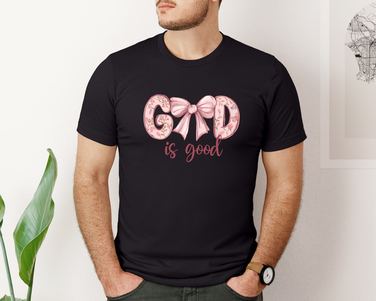brand:Bella Canvas|color:Black|God Is Good Watercolor Floral Faith Insp Graphic T-Shirt