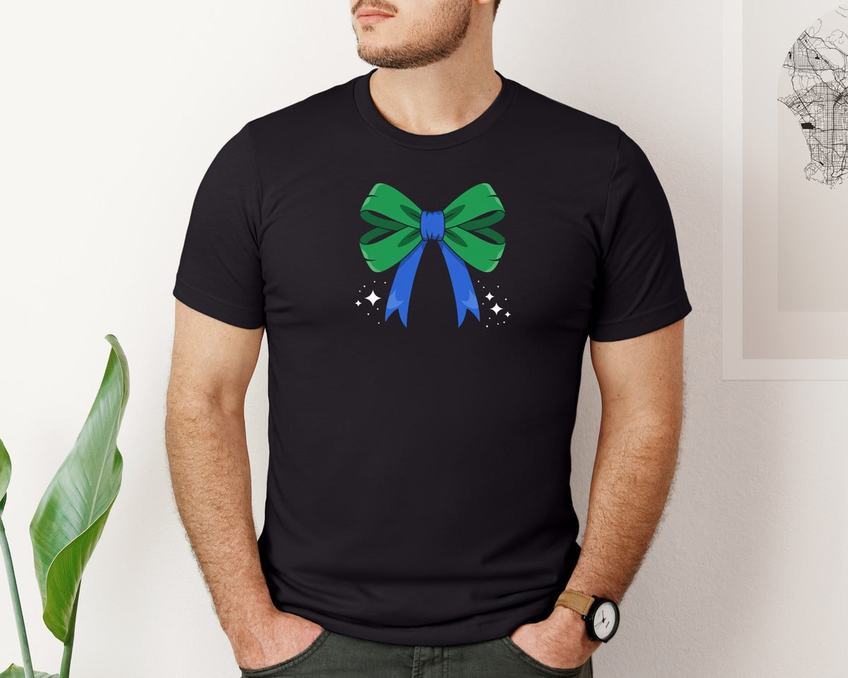 brand:Bella Canvas|color:Black|Green And Blue Bow Cute Ribbon Graphic T-Shirt