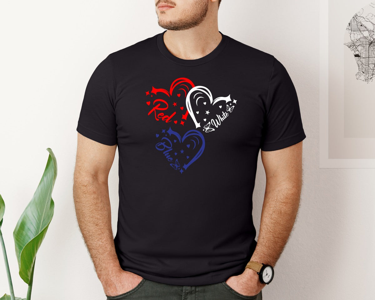 brand:Bella Canvas|color:Black|Red White Blue Heart 4Th Of July Graphic T-Shirt