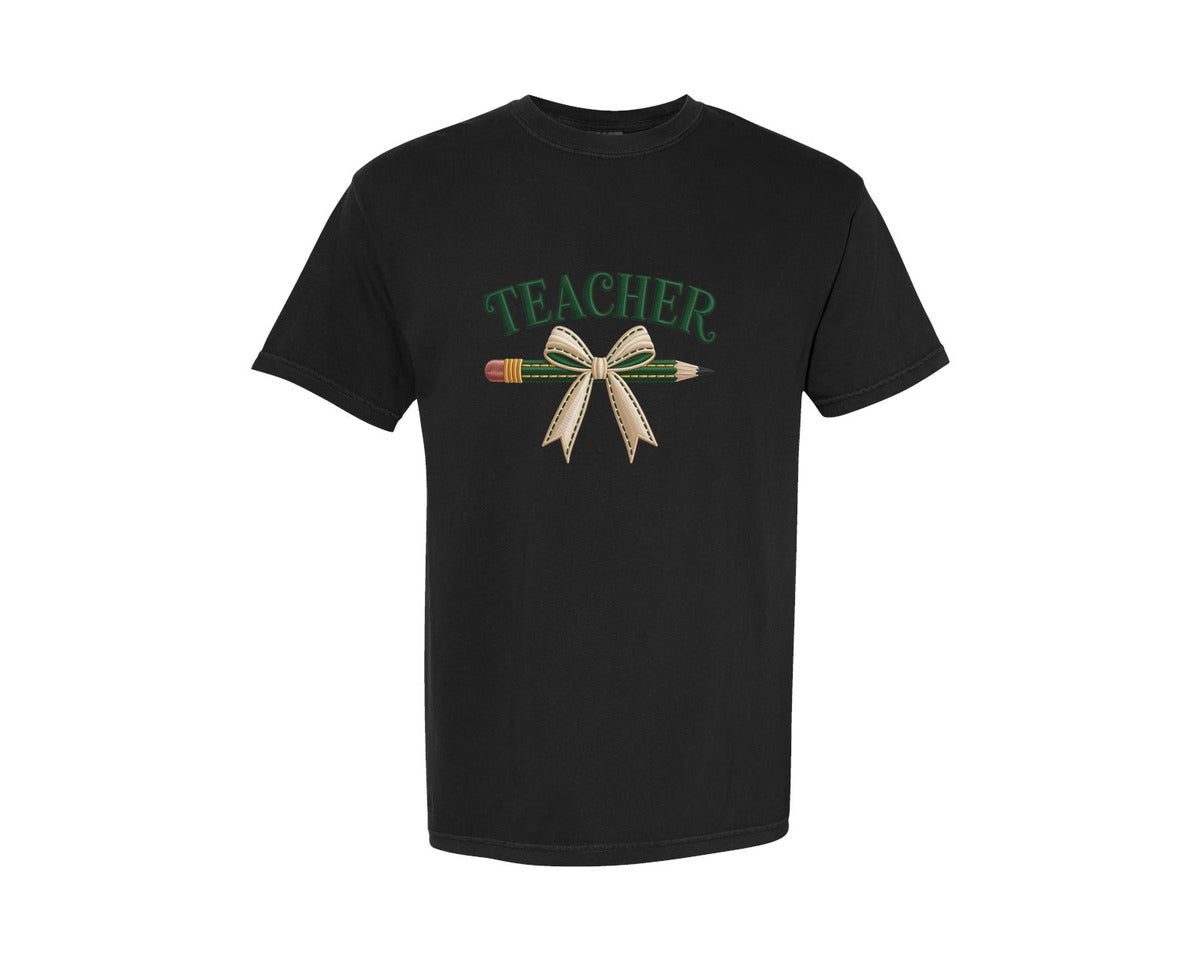 brand:Comfort Colors|color:Black|Knitted Bow Pencil Teacher Coquette Graphic T-Shirt