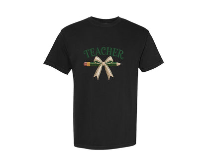 brand:Comfort Colors|color:Black|Knitted Bow Pencil Teacher Coquette Graphic T-Shirt
