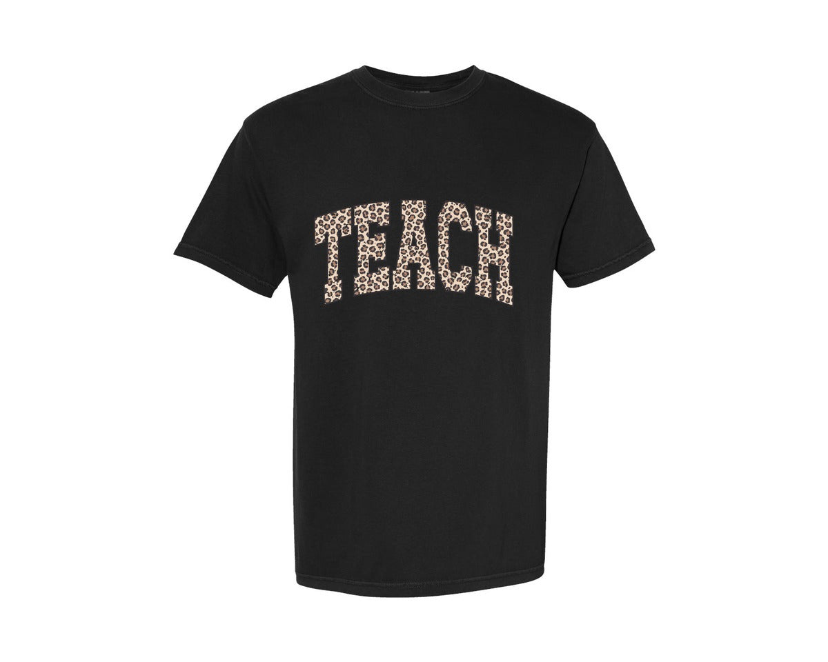 brand:Comfort Colors|color:Black|Teach Leopard Retro Varsity Teacher Graphic T-Shirt