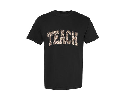 brand:Comfort Colors|color:Black|Teach Leopard Retro Varsity Teacher Graphic T-Shirt