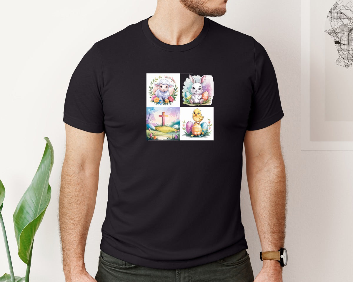 brand:Bella Canvas|color:Black|Cute Easter Bunny Lamb Chick Cross Wat Graphic T-Shirt