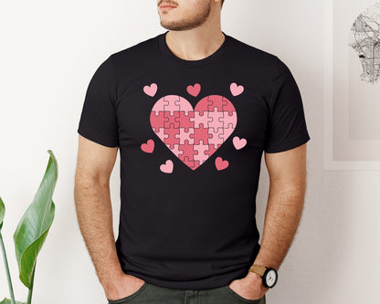 brand:Bella Canvas|color:Black|Pink Heart Puzzle Love Illustration Graphic T-Shirt