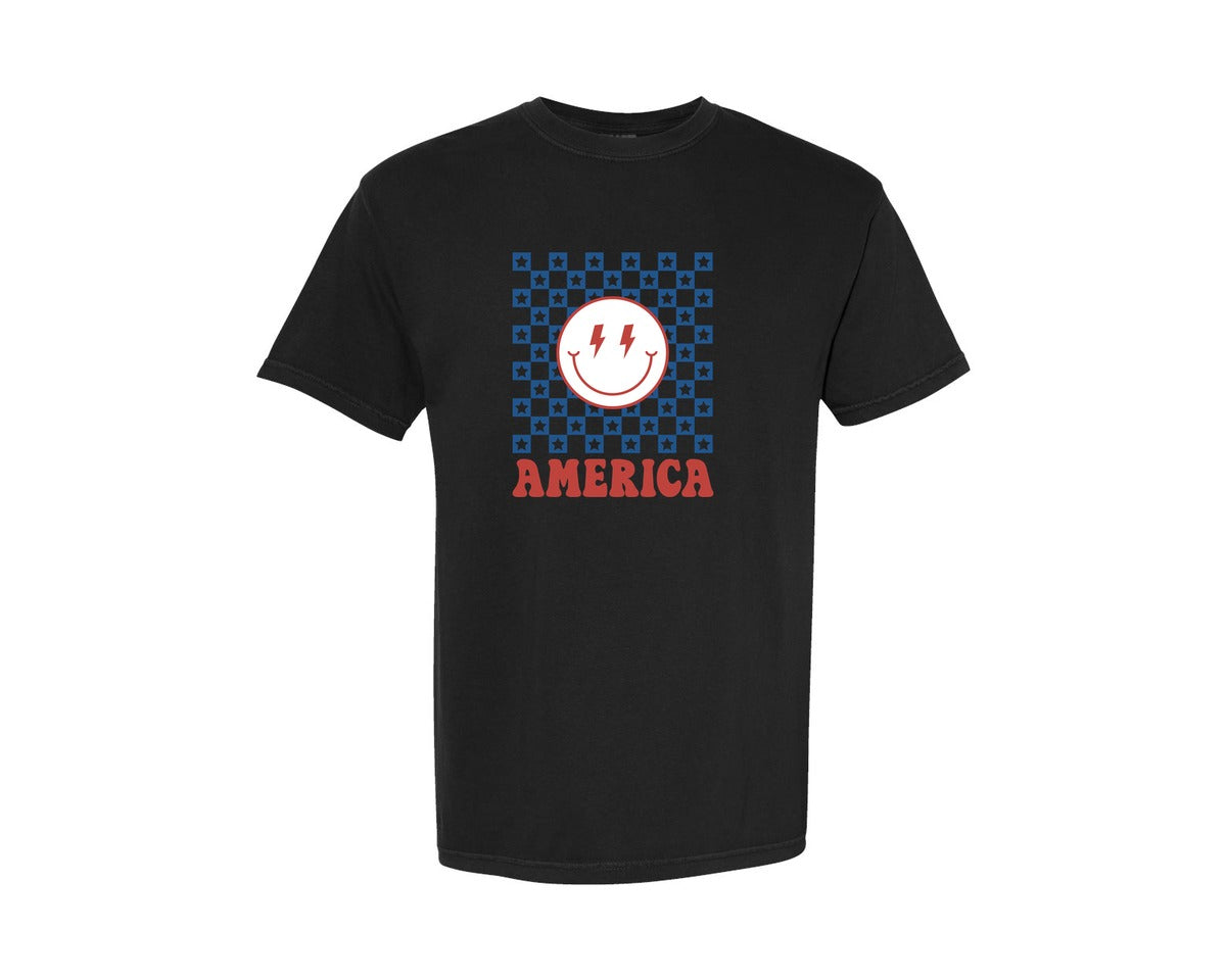 brand:Comfort Colors|color:Black|America Checkered Smiley Usa Graphic T-Shirt