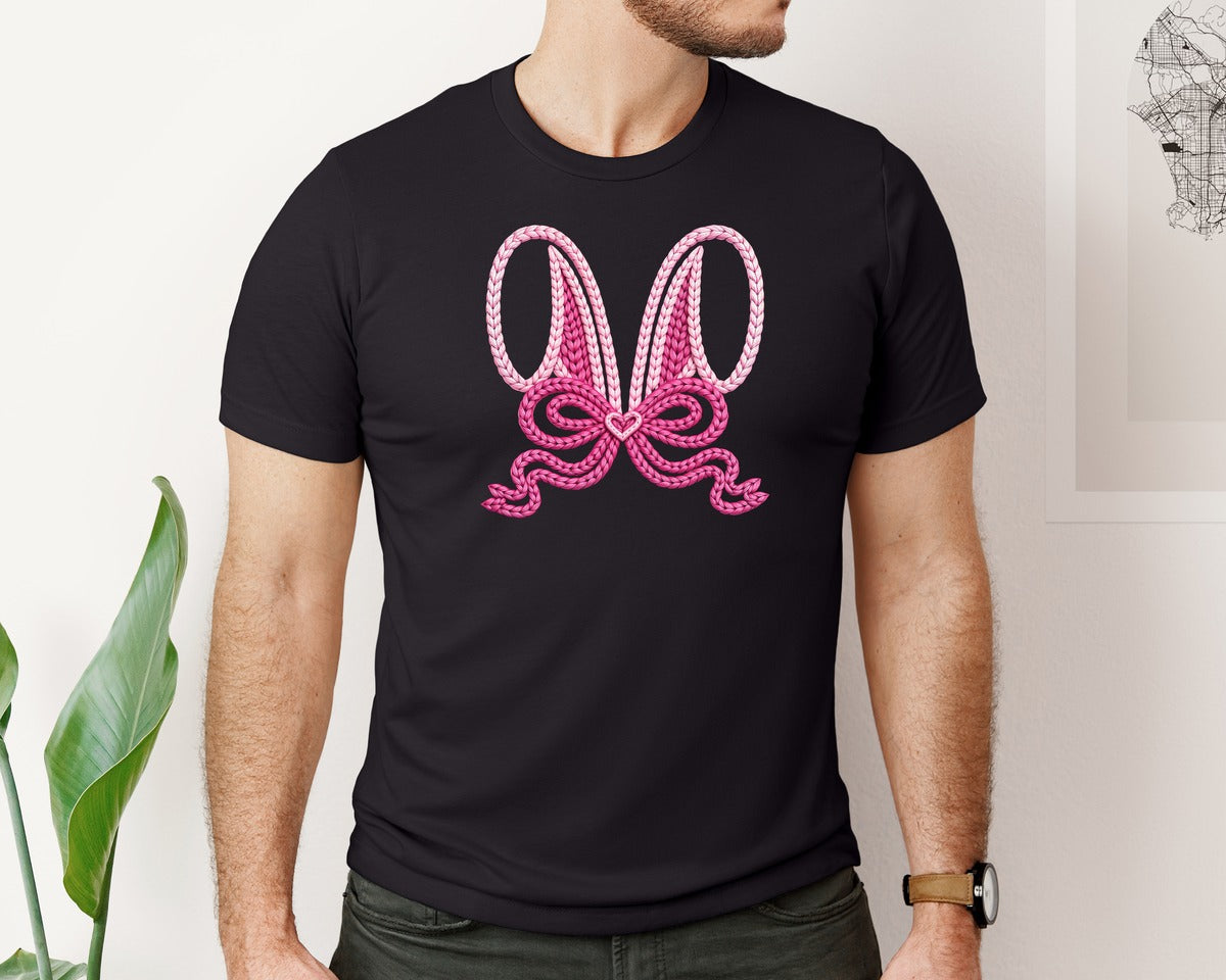 brand:Bella Canvas|color:Black|Faux Crochet Easter Bunny Bow Graphic T-Shirt