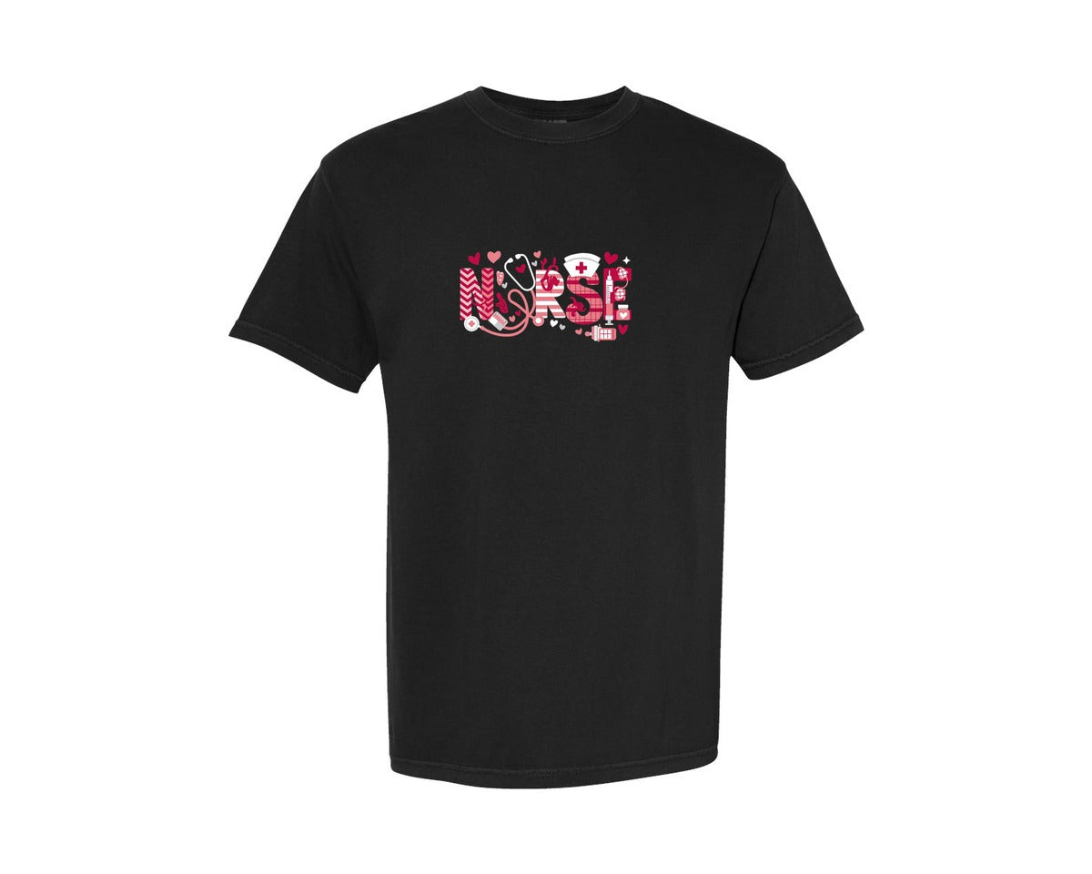 brand:Comfort Colors|color:Black|Nurse Valentines Day Valentine Scrub 5 Graphic T-Shirt