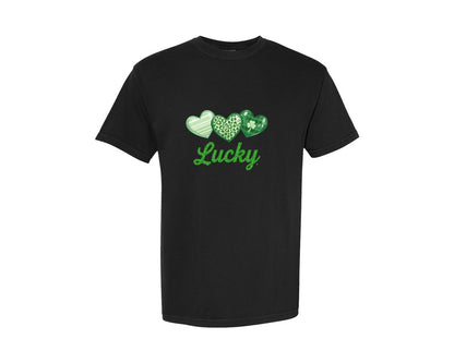 brand:Comfort Colors|color:Black|Lucky Shamrock Heart St Patricks Day 3 Graphic T-Shirt