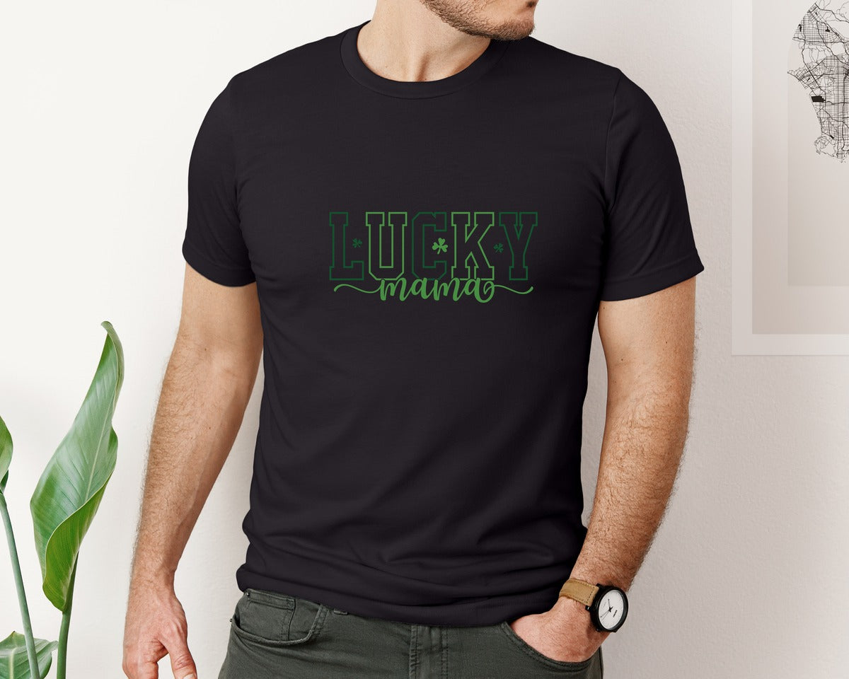 brand:Bella Canvas|color:Black|Shamrock Lucky Mama St Patricks Day Graphic T-Shirt