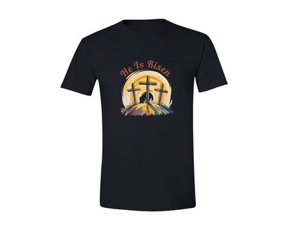 brand:Generic|color:Black|He Is Risen Christian Easter Cross Desig Graphic T-Shirt