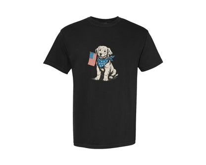 brand:Comfort Colors|color:Black|4Th Of July Patriotic Puppy Usa Flag Graphic T-Shirt