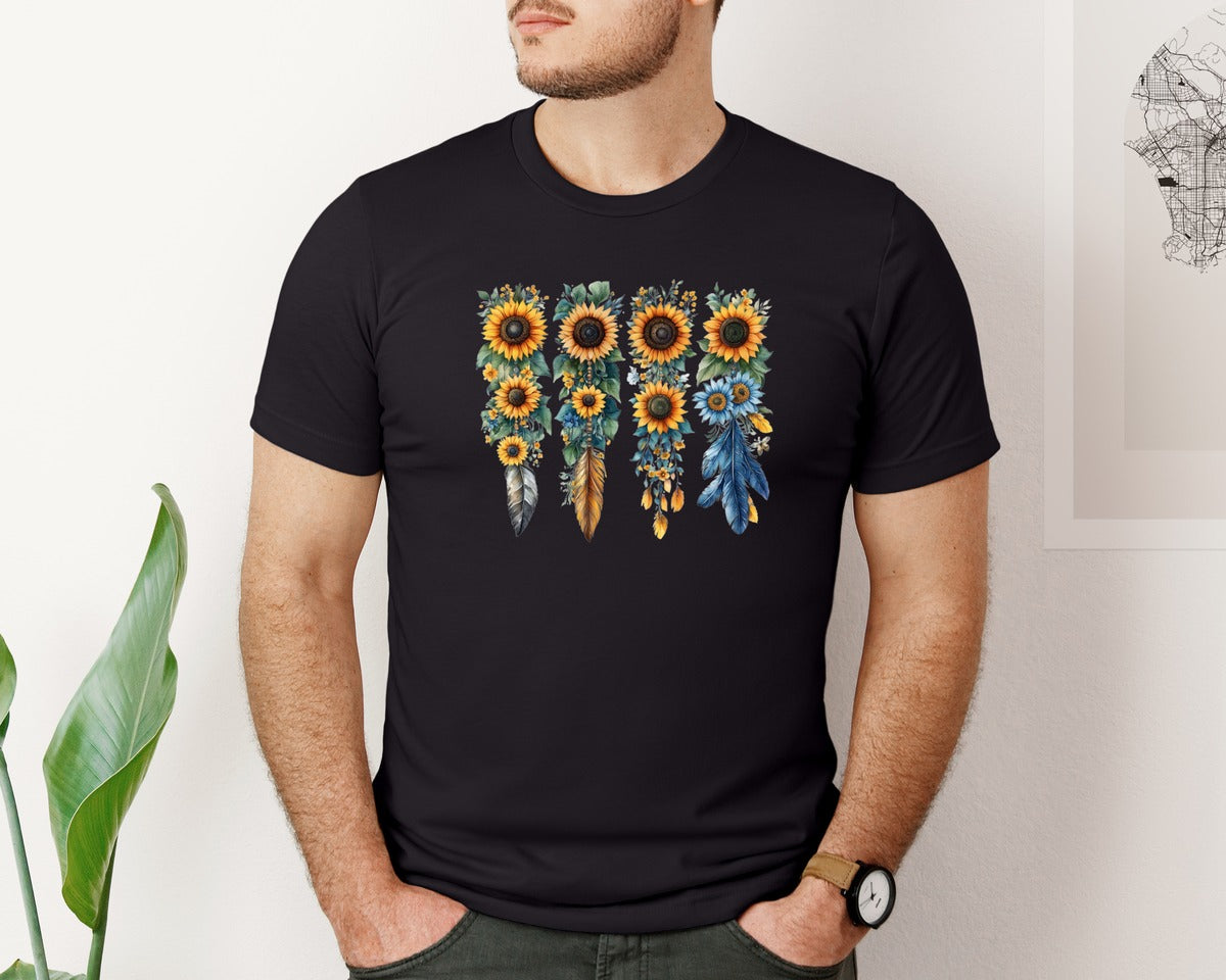 brand:Bella Canvas|color:Black|Boho Wildflowers Feathers Flowers Graphic T-Shirt