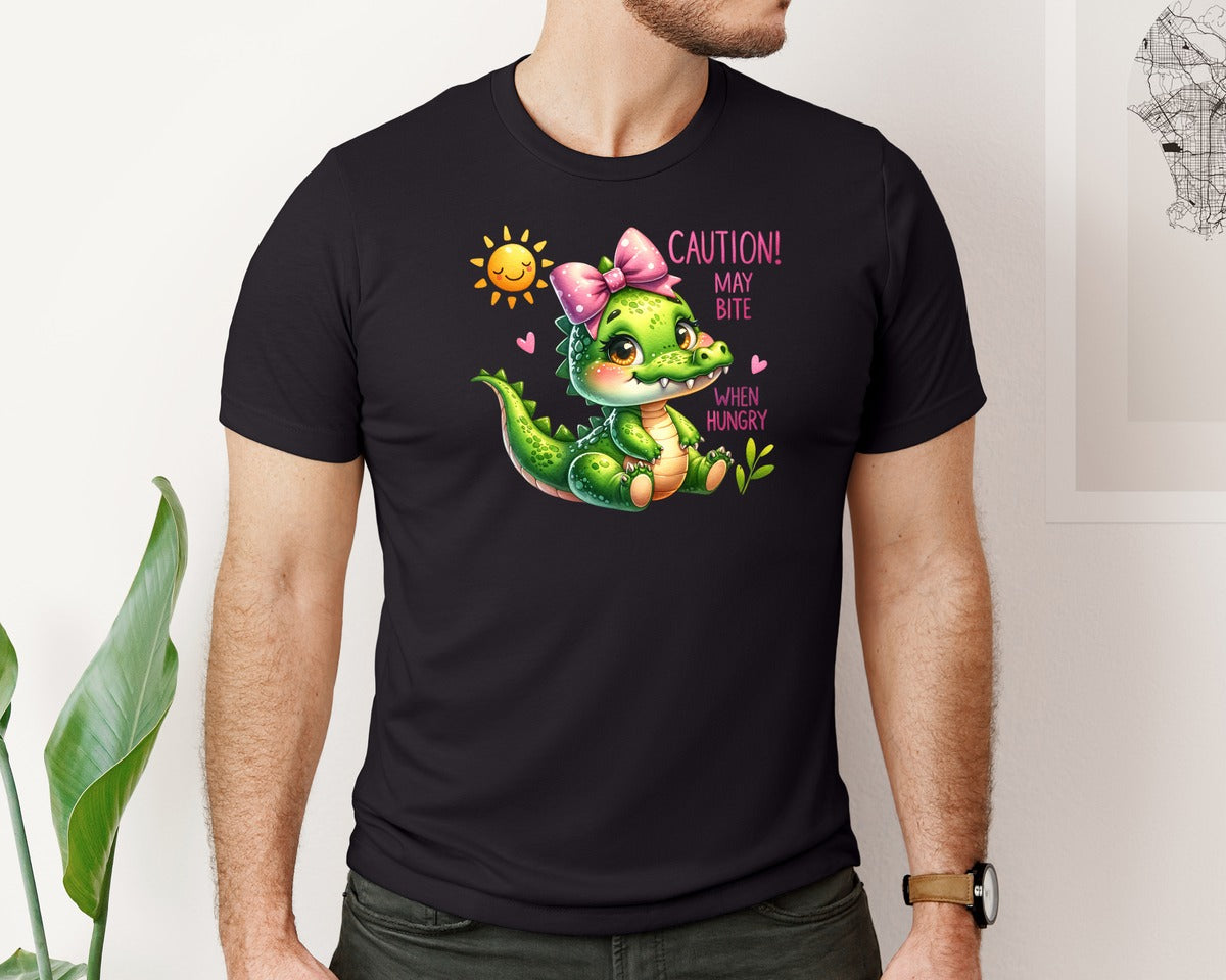brand:Bella Canvas|color:Black|Funny Baby Crocodile With Bow Kids Graphic T-Shirt