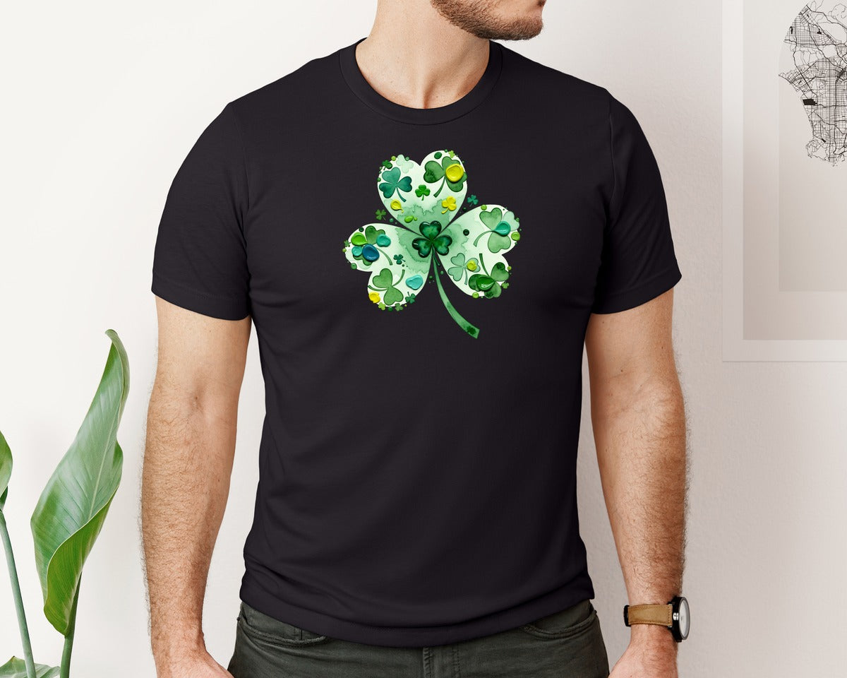 brand:Bella Canvas|color:Black|Watercolor Shamrock St Patricks Day Graphic T-Shirt