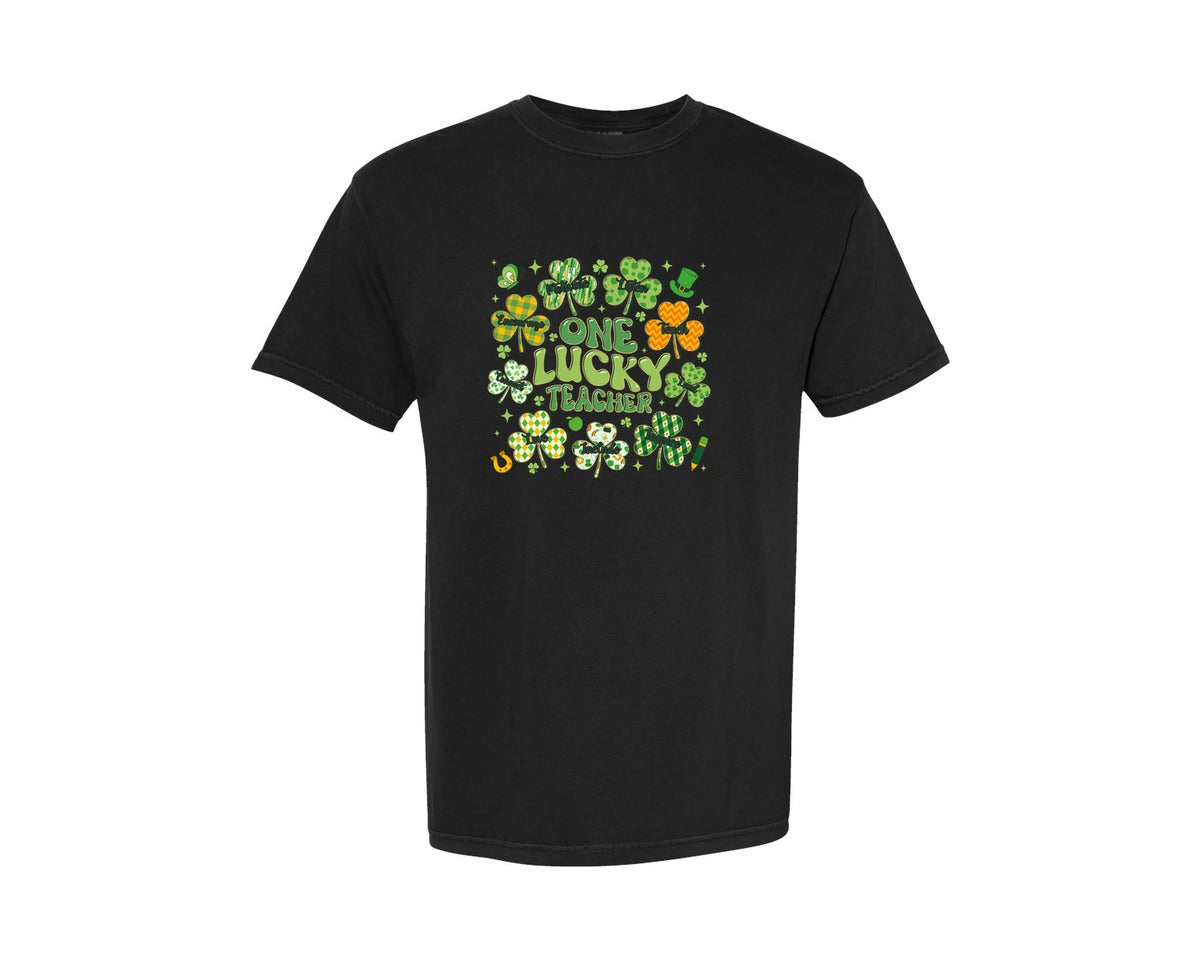 brand:Comfort Colors|color:Black|One Lucky Teacher St Patricks 3 Graphic T-Shirt