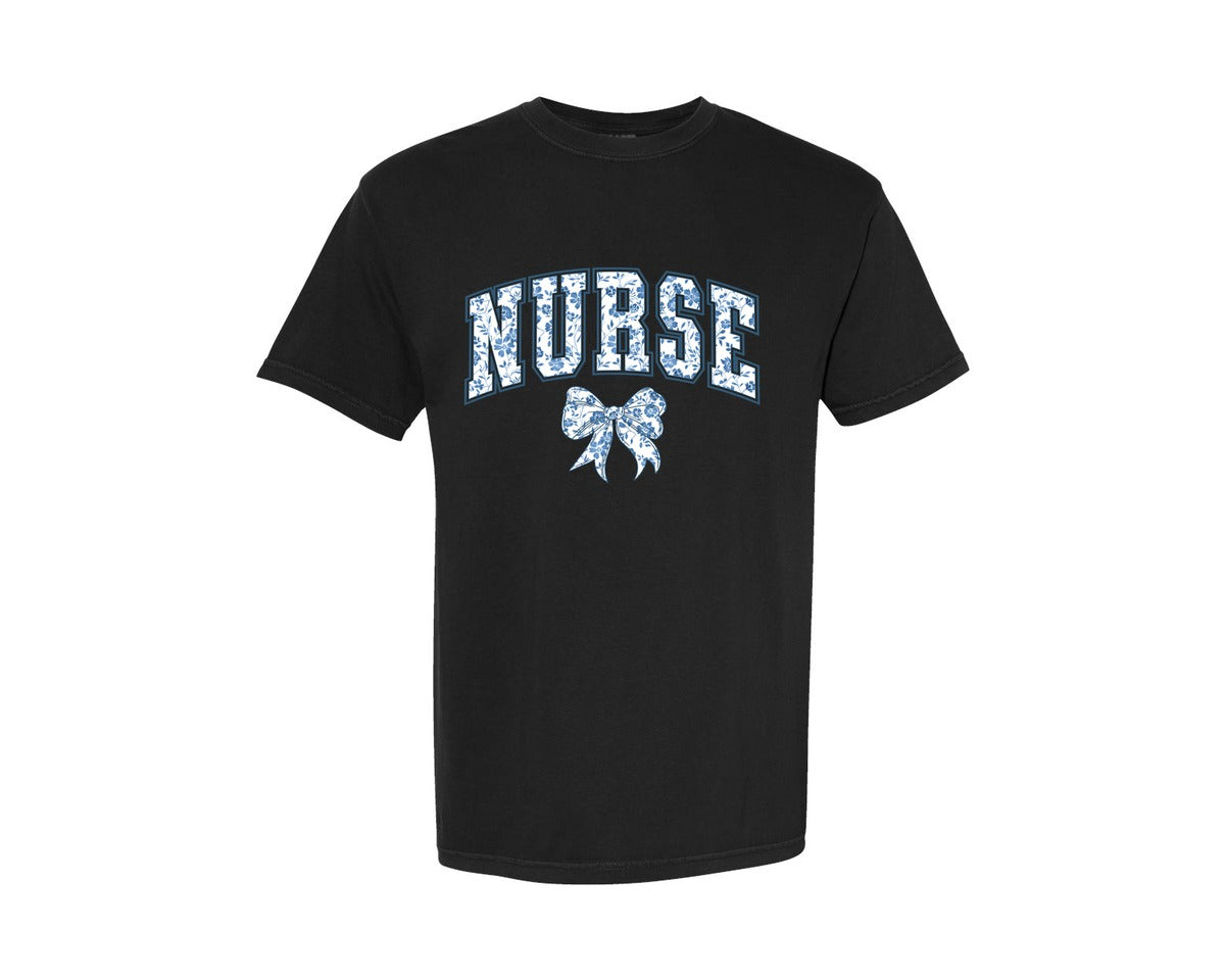brand:Comfort Colors|color:Black|Nurse Chinoiserie Blue Coquette Bow Graphic T-Shirt