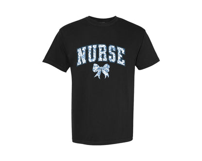 brand:Comfort Colors|color:Black|Nurse Chinoiserie Blue Coquette Bow Graphic T-Shirt