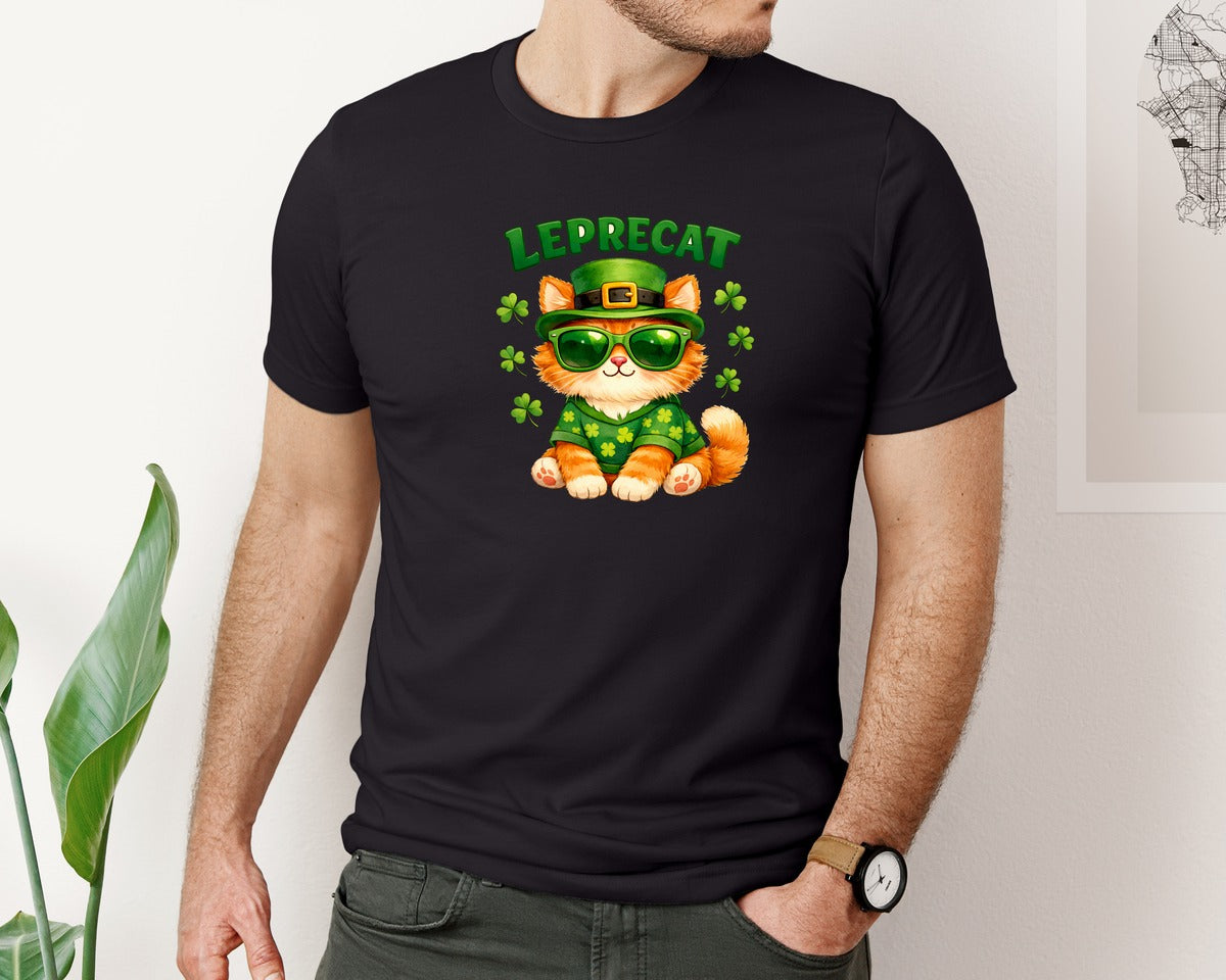 brand:Bella Canvas|color:Black|Leprecat Cute St Patricks Cat Graphic T-Shirt