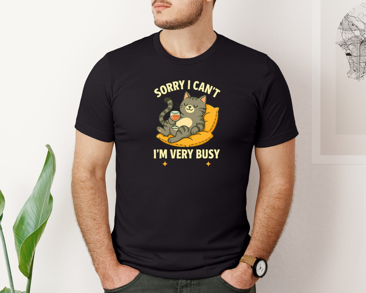 brand:Bella Canvas|color:Black|Funny Cat Wine Sorry I Cant Busy Graphic T-Shirt