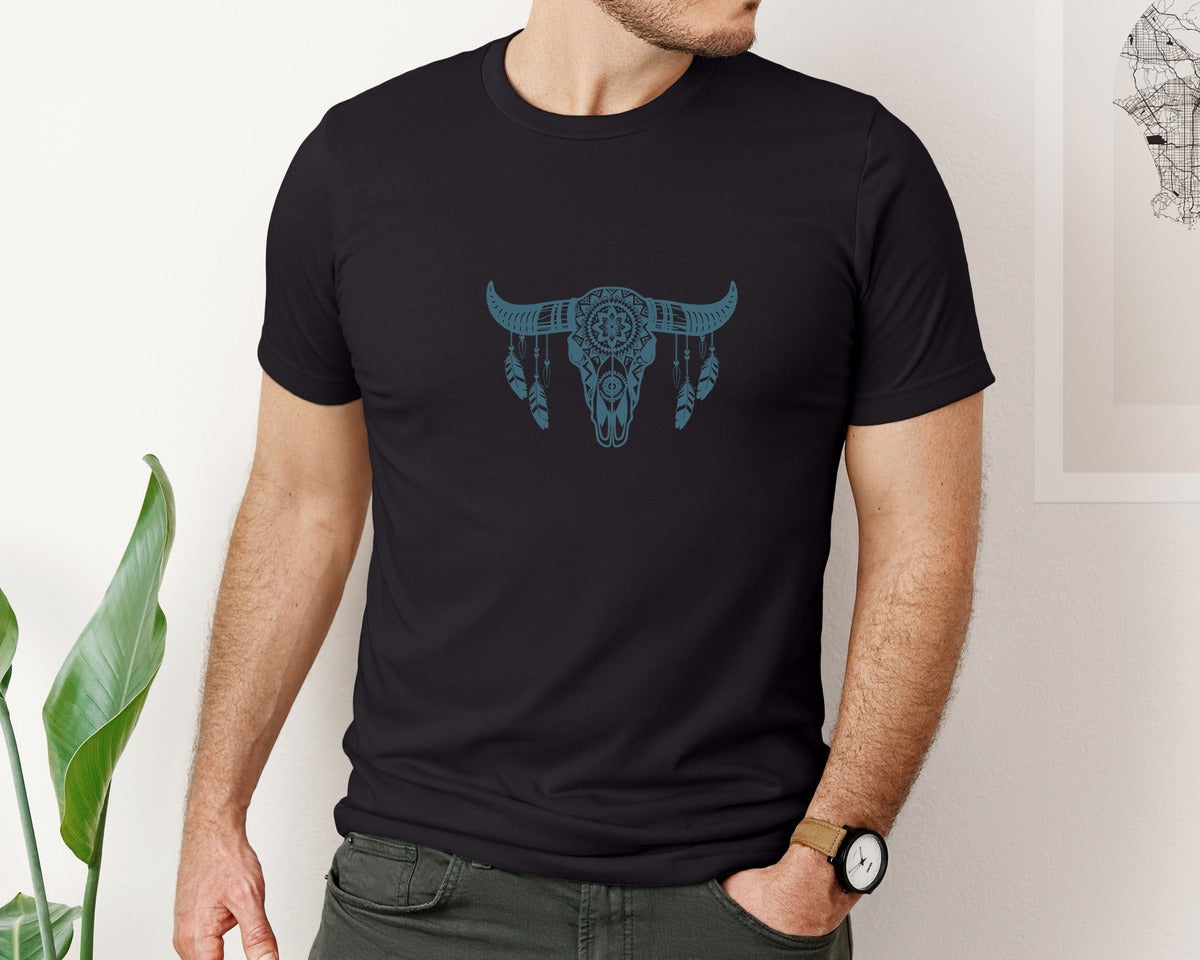 brand:Bella Canvas|color:Black|Western Bull Skull Aztec Boho Longhorn Graphic T-Shirt