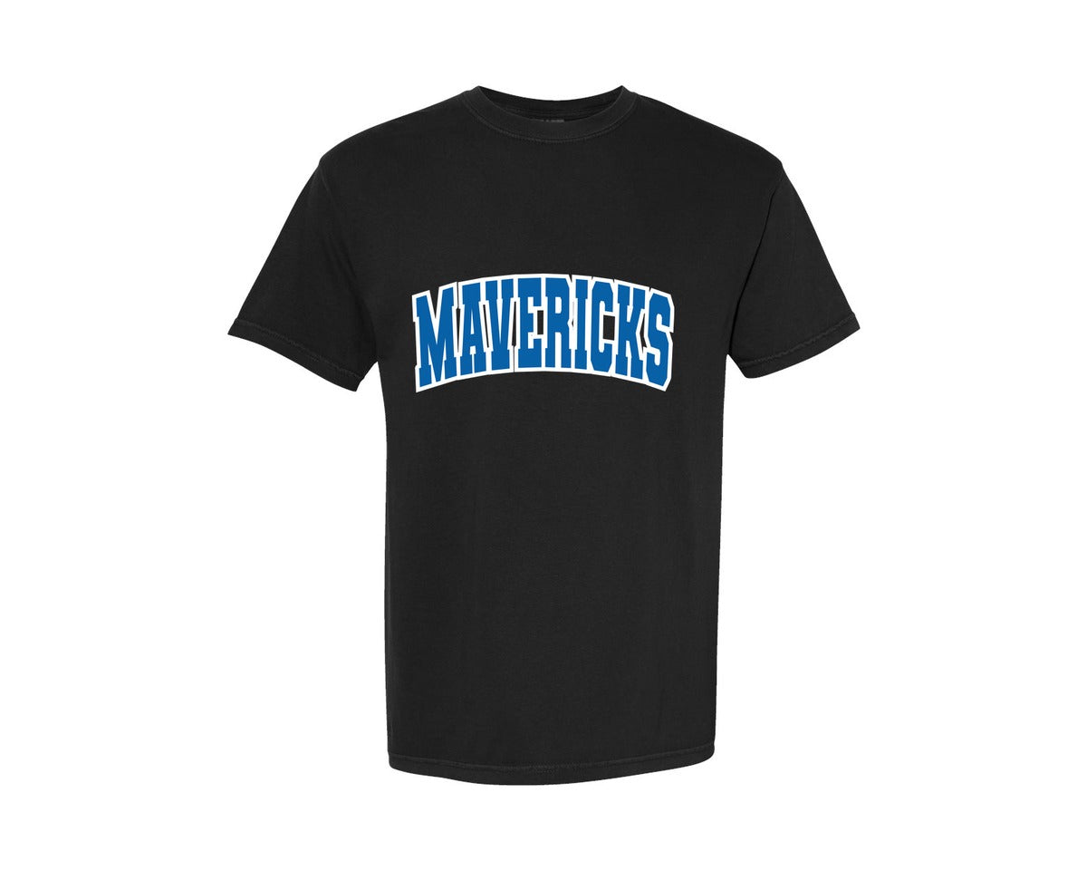 brand:Comfort Colors|color:Black|Mavericks Varsity Curved Blue White Graphic T-Shirt
