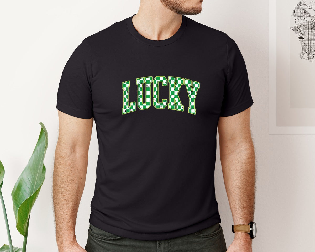 brand:Bella Canvas|color:Black|Lucky St Patricks Checkered Varsity Graphic T-Shirt