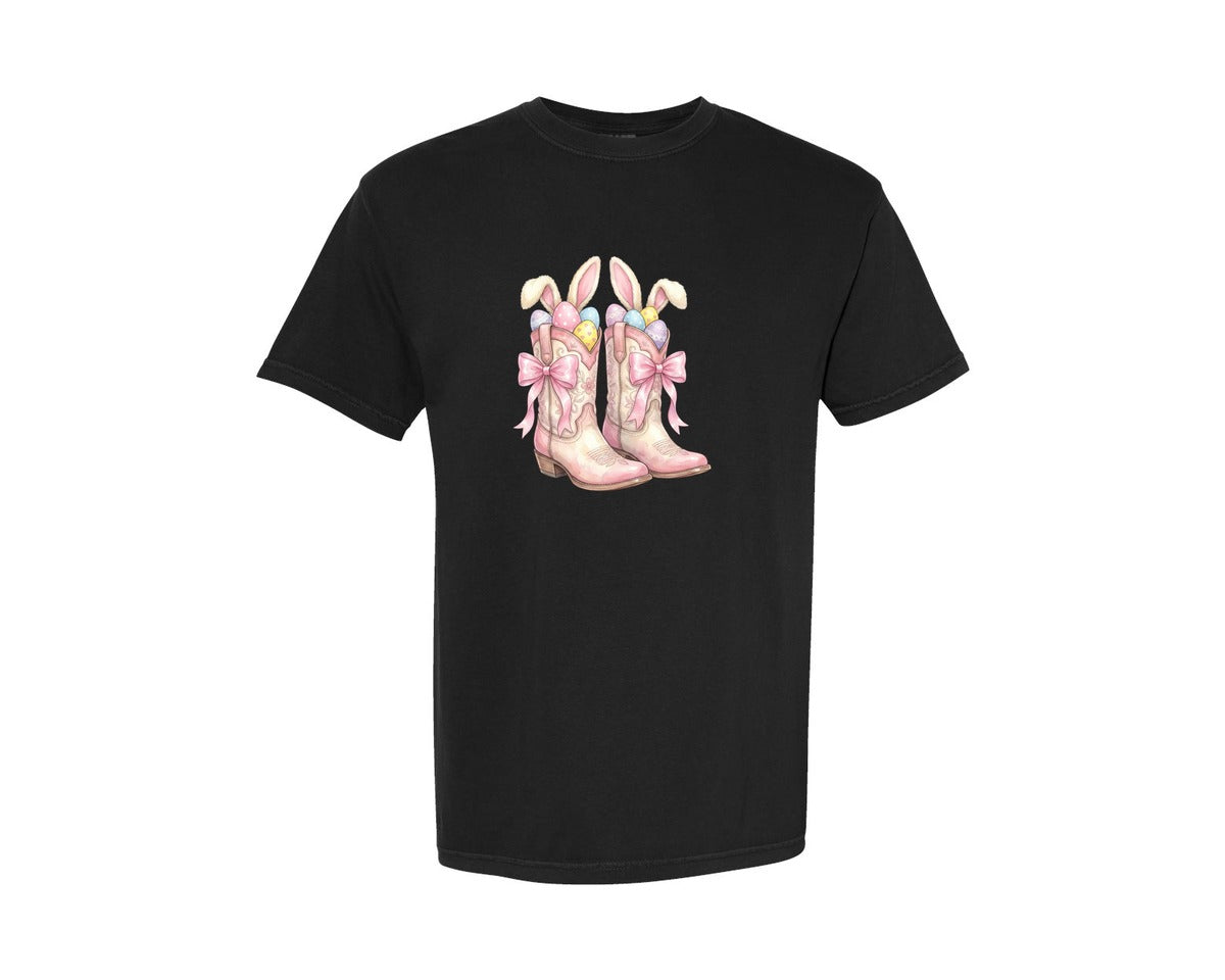 brand:Comfort Colors|color:Black|Easter Bunny Eggs Cowgirl Boots Graphic T-Shirt